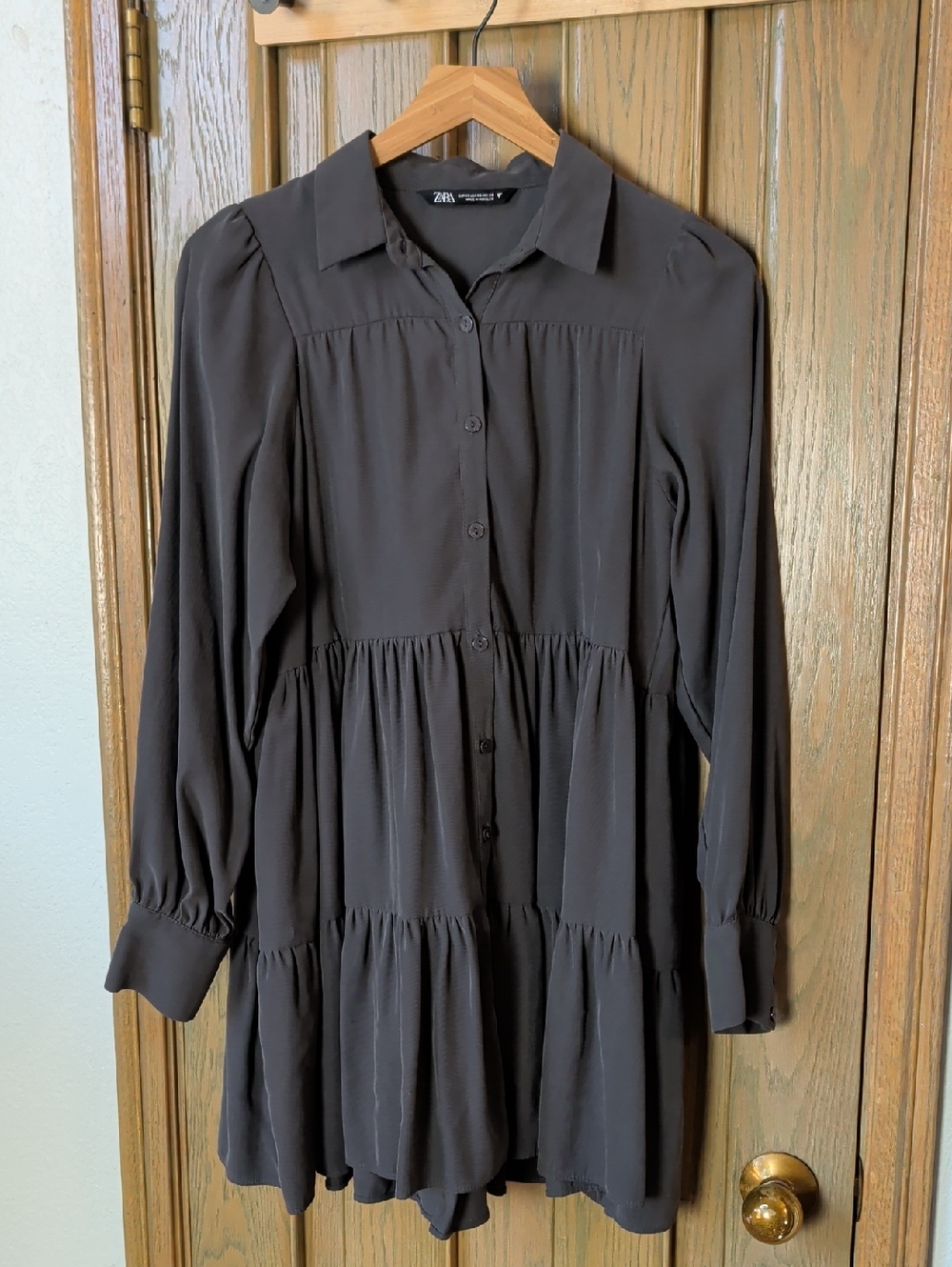 Zara Black Long-Sleeve Tiered Button Mini Dress